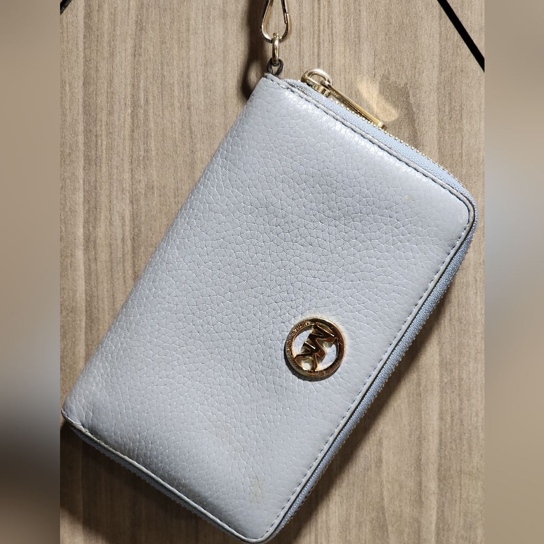 Michael Kors Pebbled Leather Wristlet Wallet Light Blue With Gold Hardware